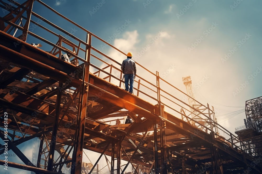 Poster Generative AI : Engineer technician watching team of workers on high steel platform,Engineer technician Looking Up and Analyzing an Unfinished Construction Project.