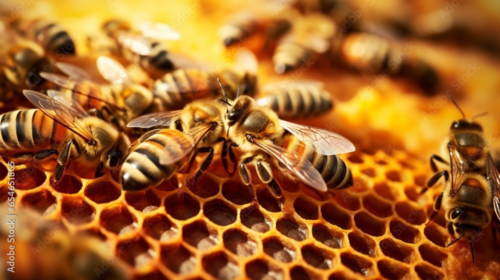 Poster generative ai : beautiful honeycomb with bees close-up. a swarm of bees crawls through the combs col