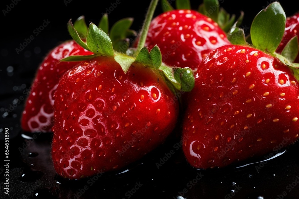 Poster generative ai : close up of clean red strawberries with water drop in dark black background. fresh f