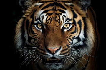 Fototapeta premium Generative AI : Bengal tiger face with eyes looking at the nature of the beast.