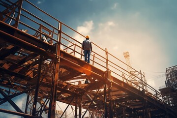 Generative AI : Engineer technician watching team of workers on high steel platform,Engineer technician Looking Up and Analyzing an Unfinished Construction Project.