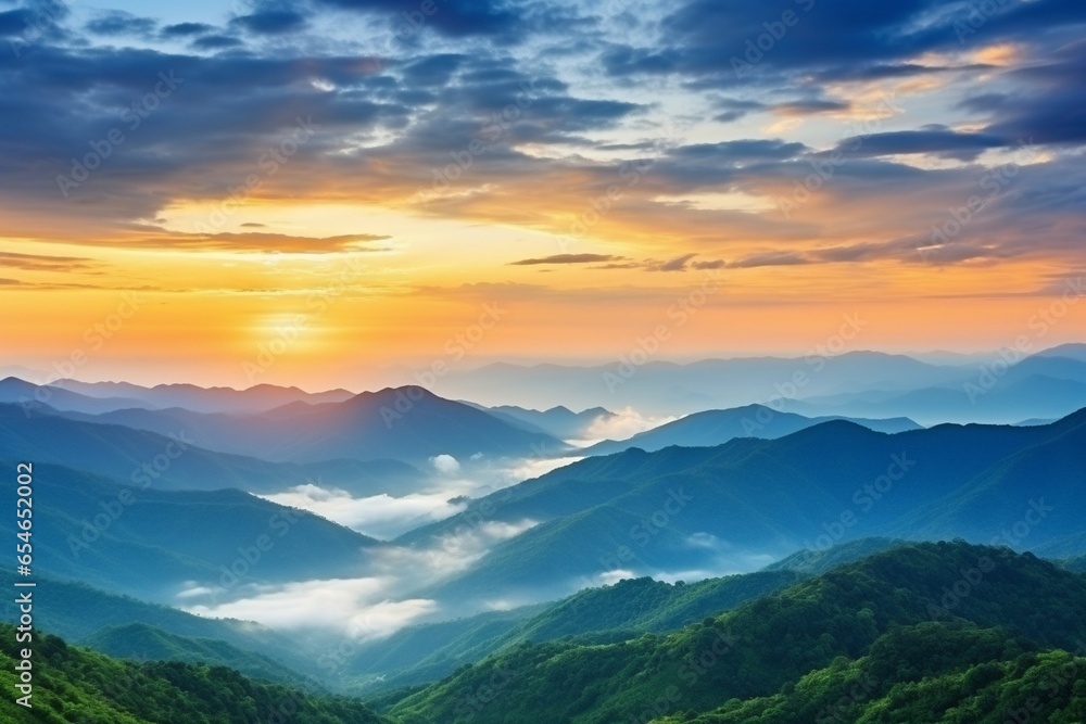 Poster generative ai : beautiful mountain layer with clouds and sunrise at chiang mai in thailand