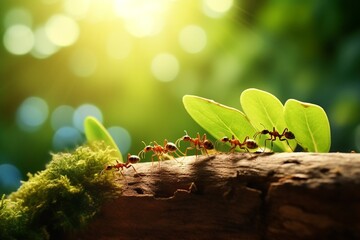 Generative AI : Ants carry the leaves back to build their nests, carrying leaves, close-up. sunlight background. Concept team work together. - Powered by Adobe