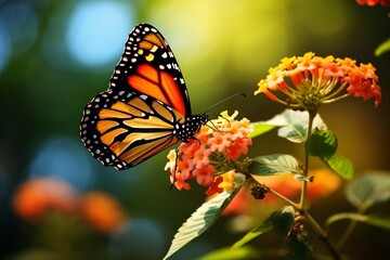 Generative AI : Beautiful image in nature of monarch butterfly on lantana flower.