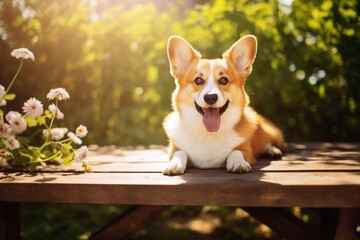 Generative AI : Corgi dog sitting on the table outdoor in summer sunny day