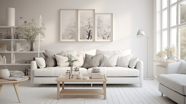 White living room with sofa