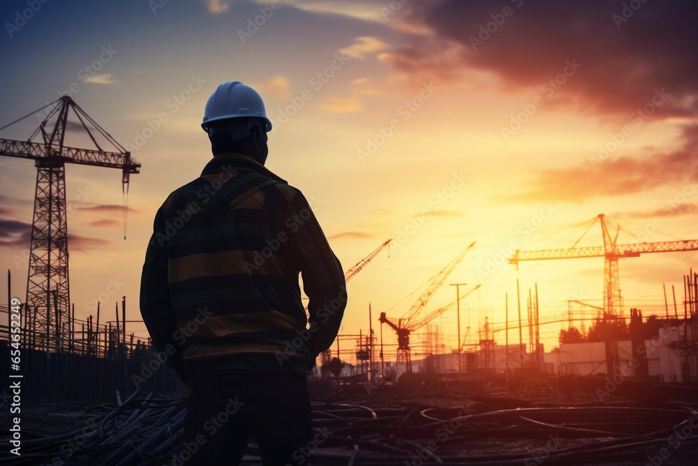 Poster Generative AI : Silhouette engineer standing orders for construction crews to work on high ground heavy industry and safety concept over blurred natural background sunset pastel