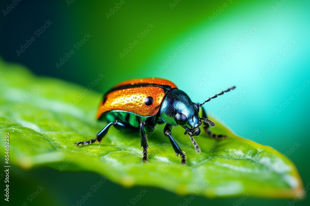 Poster generative ai : close up a shining flea beetle, asphaera lustrans on green leaf and natrue blurred b