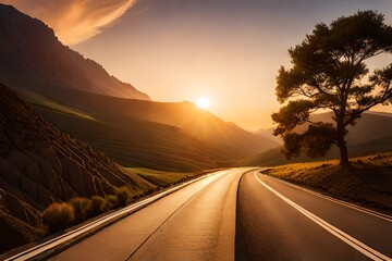 sunset on the road and generated AI