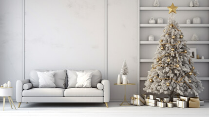 Beautiful Christmas tree in decorated living room. Festive interior. generative ai