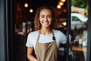 Foto op Aluminium Generative AI : Portrait of a smiling young Caucasian woman with a beige apron puts a sign ''we are open'' and opening the coffee shop door © The Little Hut