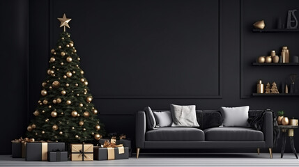 Living Room Christmas interior in Scandinavian style. Christmas tree with gift boxes. Black sofa. ai