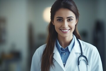 Generative AI : Happy young woman doctor wears white medical coat and stethoscope looking at camera. Smiling female physician, general practitioner consult patient online by video call. Close up head 