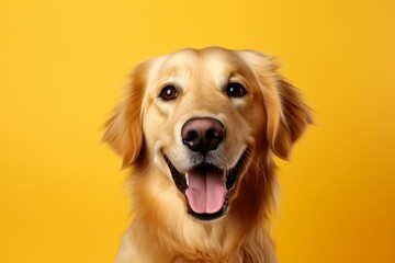 Generative AI : Happy smiling golden retriever dog blinking eye yellow background studio shot