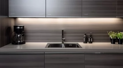 Foto op Plexiglas Modern kitchen with grey furniture and wooden wall have under mount kitchen sink and Tap water. ai © Witri