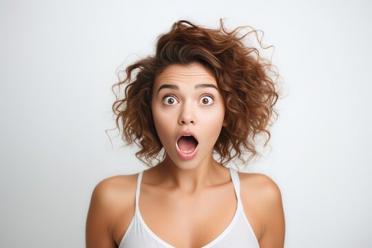 Generative AI : Close-up portrait of surprised beautiful girl holding her head in amazement and open-mouthed. Over white background.