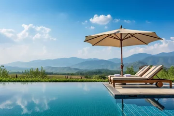 Foto op Canvas Generative AI : bed pool with umbrella around swimming pool with mountain and blue sky background © The Little Hut