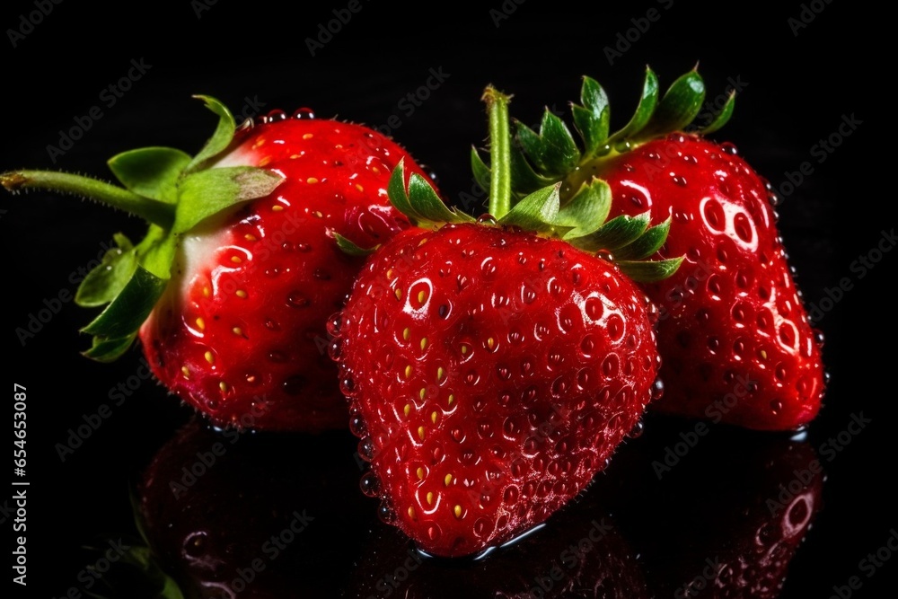 Poster generative ai : close up of clean red strawberries with water drop in dark black background. fresh f