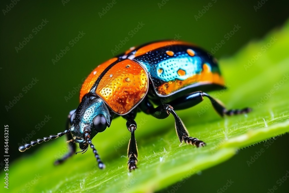 Poster generative ai : close up a shining flea beetle, asphaera lustrans on green leaf and natrue blurred b