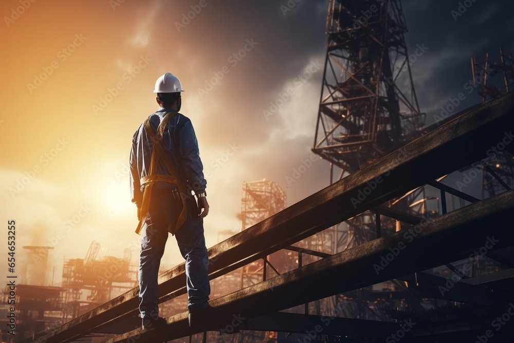 Leinwandbilder Generative AI : Engineer technician watching team of workers on high steel platform,Engineer technician Looking Up and Analyzing an Unfinished Construction Project.