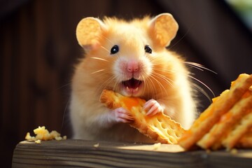 Generative AI : A hamster close-up eats cheese near its wooden house.