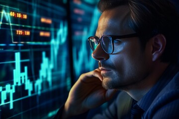 Generative AI : Portrait of trader wearing eyeglasses with reflection cryptocurrency chart. Close-up portrait of man analysing stock market. Copy space