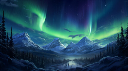 Northern lights and snow covered mountains. Starry sky with polar lights and snowy rocks reflected in water.