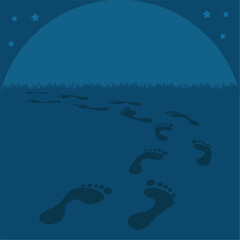 human footprints disappear into the distance steps in the night blue editable
