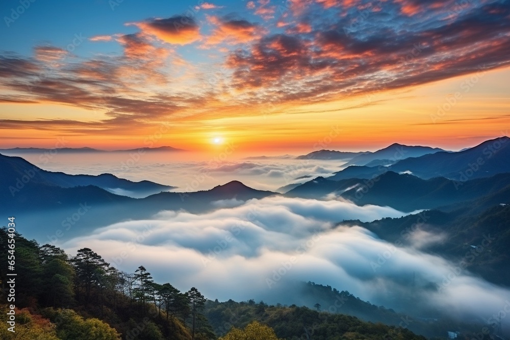 Poster generative ai : beautiful mountain layer with clouds and sunrise at chiang mai in thailand