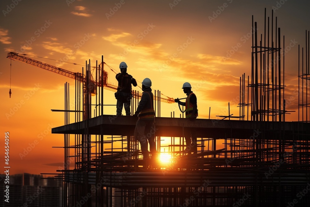 Aufkleber Generative AI : Silhouette of Engineer and worker on building site, construction site at sunset in evening time.