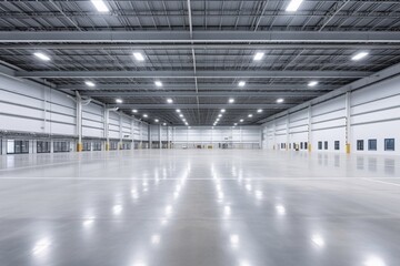 Generative AI : Large modern empty storehouse. Warehous building construction. Industrial warehouse...