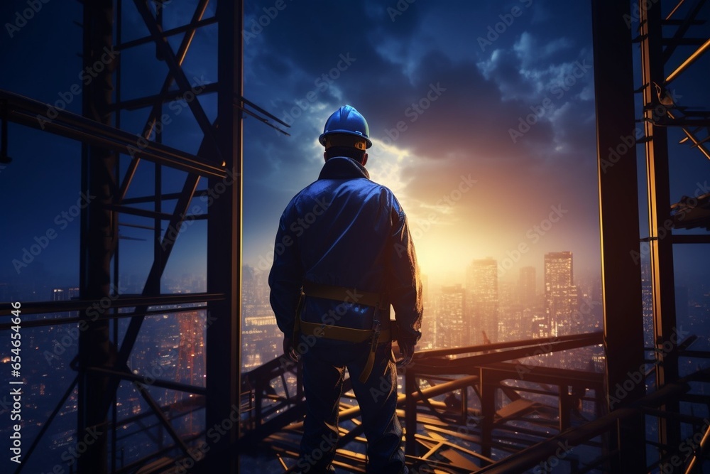 Aufkleber Generative AI : Engineer technician watching team of workers on high steel platform,Engineer technician Looking Up and Analyzing an Unfinished Construction Project.