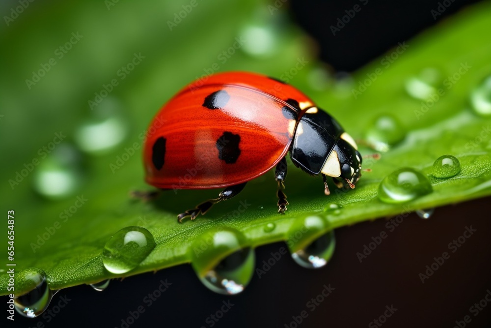 Poster Generative AI : Close-up of a ladybug on a green leaf. Beautiful nature background. Soft focus - Image