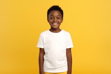 Generative AI : Isolated image of cute adorable dark skinned schoolboy wearing white t-shirt posing in blank yellow studio with confident cheerful smile because he received high marks for maths test a