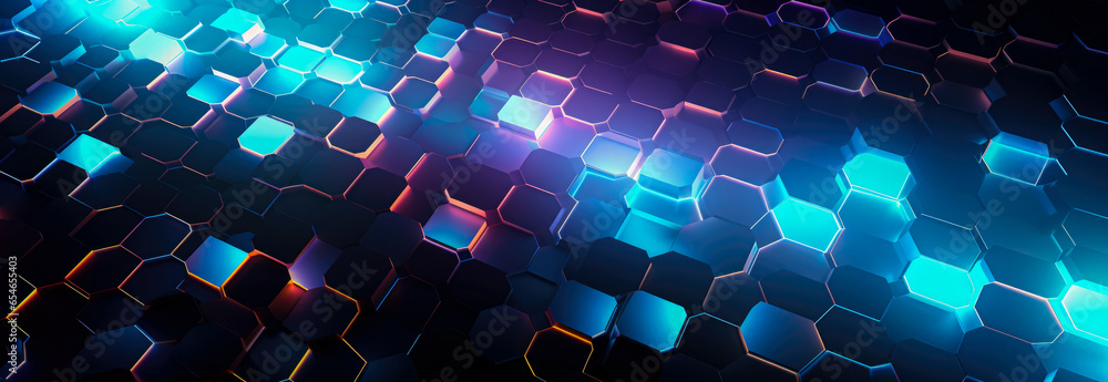 Poster Abstract technology background with hexagons and glowing lights.