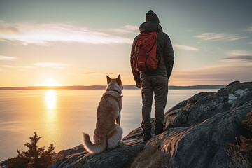 Rear view of man traveler and his dog enjoying sunset at sea in winter