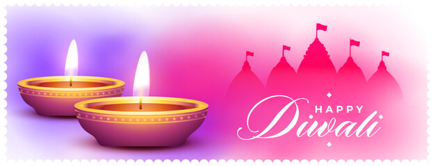 hindu festival shubh diwali banner with glowing diya and temple shadow