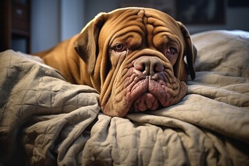 Generative AI : Wrinkled Dog Dogue De Bordeaux Dreaming in Bed with White Blanket
