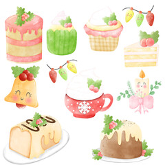 Collection of Christmas decorations, holiday gifts, winter knitted woolen clothes, ginger bread, trees, gifts and penguin. Colorful vector illustration in flat cartoon style