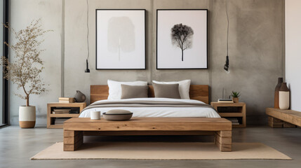 Wooden bench and boxes in monochromatic bedroom