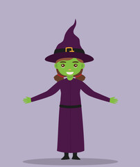 girl at Halloween party vector illustration. Girl in purple witch halloween costume with big hat. Cartoon realistic people illustration at halloween festival