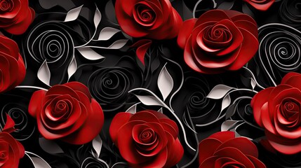 Red and white 3D roses with white steams, swirls and leafs over black background. Valentines Day Card 