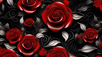 full screen Red and white 3D roses with white steams and leafs over black background.