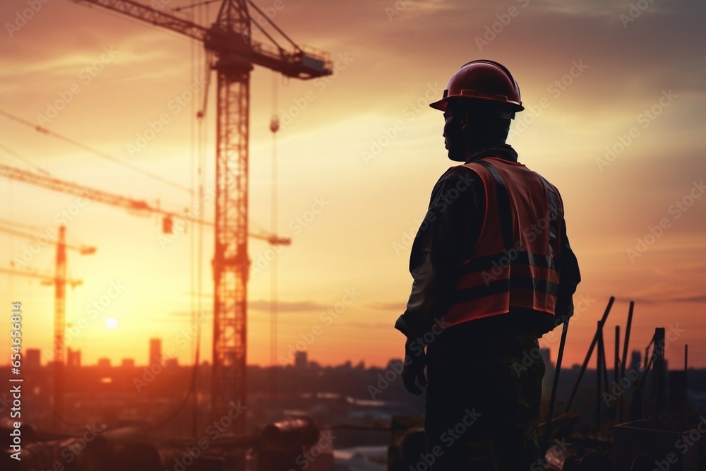 Poster generative ai : silhouette engineer standing orders for construction crews to work on high ground he