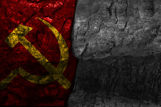 communist flag with natural stone texture with black and white negative space, cracked stone texture