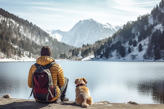 Rear view of man traveler and his dog looking at mountain lake in winter on a sunny day