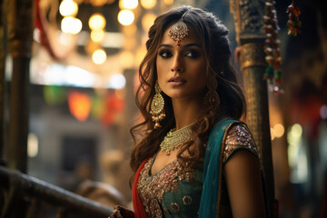 Indian bride in traditional wear and jewelery standing at temple