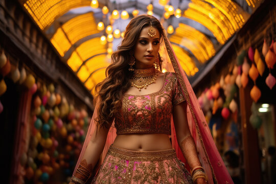 Indian bride in design lehenga choli and jewelery.