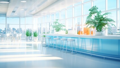 Interior of modern cafe with panoramic city view. 3d rendering - Powered by Adobe