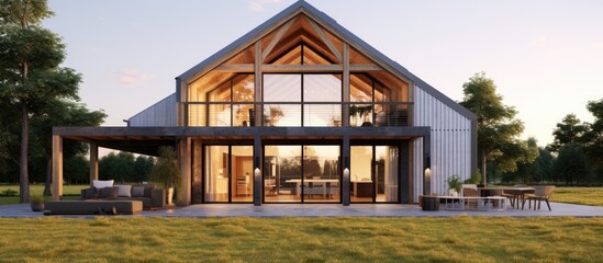 rendered barn house with mezzanine large windows and outdoor heat pump - obrazy, fototapety, plakaty